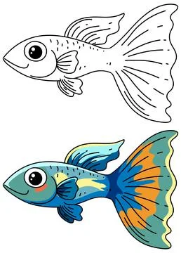 Cute Guppy Fish Vector Illustration with Coloring Page Version Stock Illustration