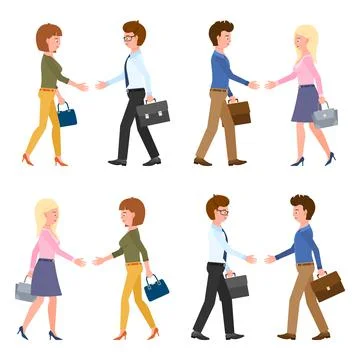 Cute guy and lady hands shaking, walking, moving forward vector illustration. Stock Illustration