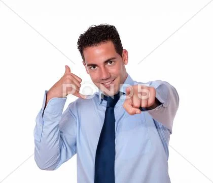 Cute guy with calling sign pointing Stock Photos