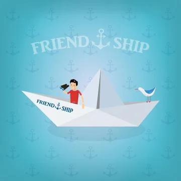Cute guy looking through binoculars on a paper ship called friendship Stock Illustration