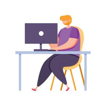 Cute guy sits at the table and works at the computer. Stock Illustration