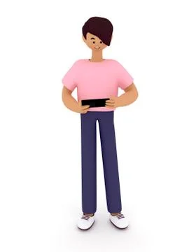 Cute guy  is standing, holding phone , chatting or online playing in network. Stock Illustration