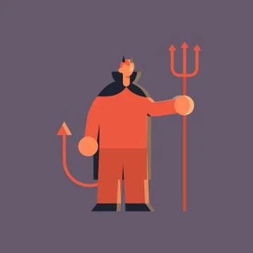 Cute guy wearing devil horns and tail scarecrow costume man holding trident Stock Illustration