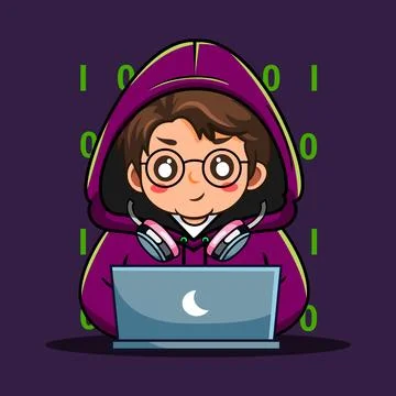 Cute Hacker Boy with Laptop Vector Illustration Cartoon Illustrazione stock
