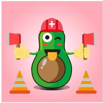 Cute half avocado fire fighter cartoon character design Illustrazione stock