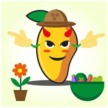 Cute half mango fire fighter cartoon character holding two axes design Stock Illustration