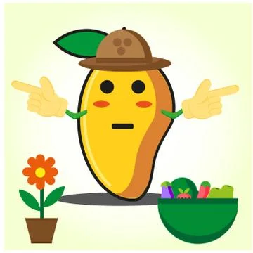 Cute half mango fire fighter cartoon character holding two axes design Stock Illustration