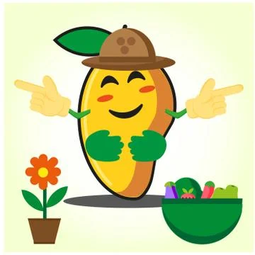 Cute half mango fire fighter cartoon character holding two axes design Stock Illustration