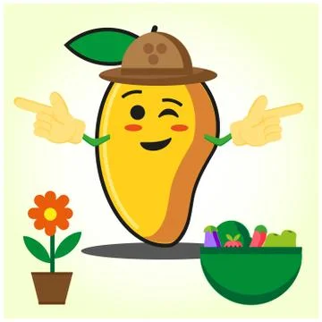 Cute half mango fire fighter cartoon character holding two axes design Stock Illustration