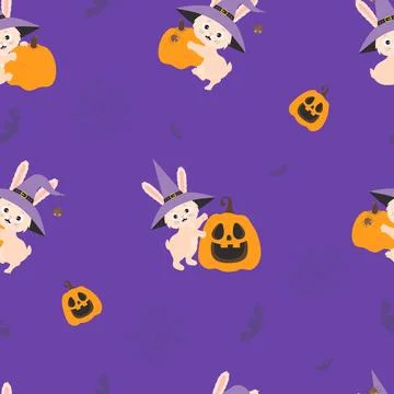 Cute Halloween background. Seamless pattern with funny Halloween bunny in wit Ilustración de archivo