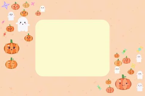 Cute Halloween background with smiling pumpkins, ghosts, and candies for ki.. Ilustração Stock