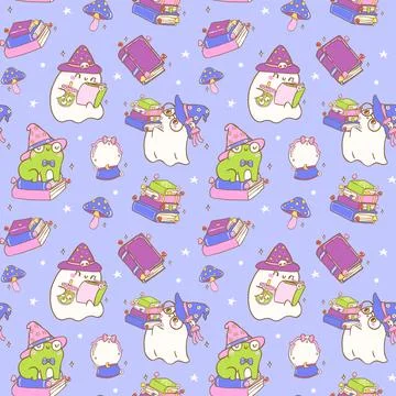 Cute Halloween Bookish Seamless Pattern Spooky Ghost Witch Reading Cartoon .. Stock Illustration
