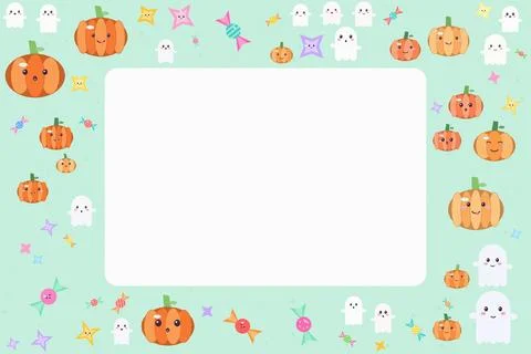 Cute halloween border frame with pumpkins, ghosts, and candy on light green.. Ilustração Stock