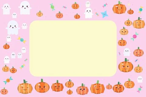 Cute halloween border frame with pumpkins ghosts and candy on pink festive .. Ilustração Stock