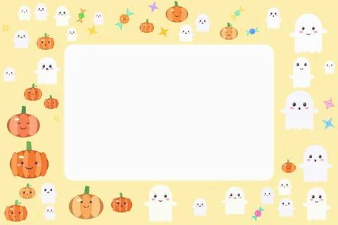 Cute halloween border with ghosts and pumpkins on yellow background for inv.. Ilustração Stock