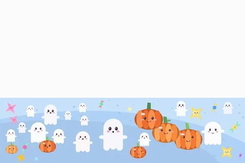 Cute halloween border with ghosts and pumpkins on blue background for kids .. Ilustração Stock