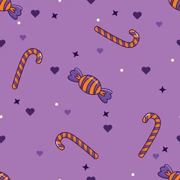 Cute Halloween Candy and Candy Cane Seamless Pattern on Purple Background.... Stock Illustration