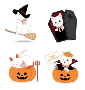Cute Halloween cat set with witch vampire devil and pumpkin elements Illustration