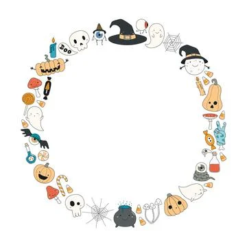 Cute Halloween characters, elements circular frame with copy space. 库存插图