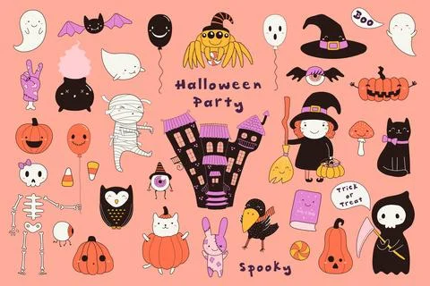 Cute Halloween characters, elements illustration Stock Illustration
