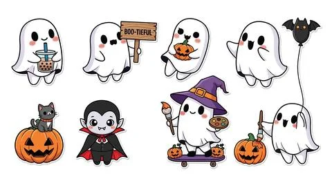 Cute Halloween Characters: Ghosts, Vampire, Cat, Pumpkins, Balloon, Art Sup.. Stock Illustration