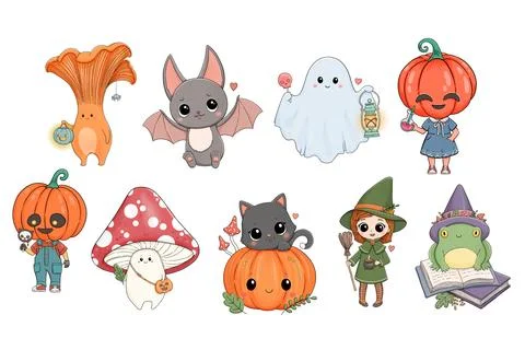 Cute Halloween characters set. Vector mushroom, ghost, bat, black cat, witch Stock Illustration