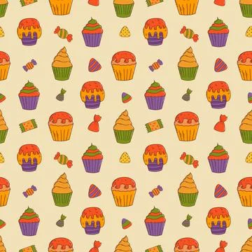 Cute halloween cupcakes seamless pattern. Halloween elements. Trick or treat  Stock Illustration