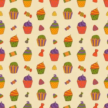 Cute halloween cupcakes seamless pattern. Halloween elements. Trick or treat Illustrazione stock