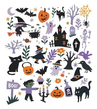 Cute Halloween Cutout Element Set with Pumpkin Witch and Black Cat Vector Stock Illustration