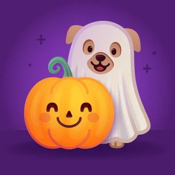 Cute Halloween Dog Dressed as Ghost with Smiling Pumpkin – Adorable Cartoon Pupp Stock Illustration