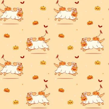 Cute Halloween Dog Seamless Pattern Ghost Golden Retriever Derpy Hand Drawn.. Stock Illustration