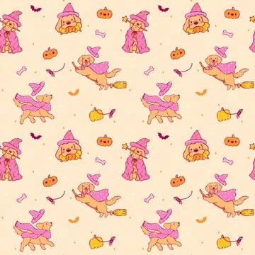Cute Halloween Dog Seamless Pattern Pink Witch Golden Retriever Derpy Hand .. Illustrazione stock