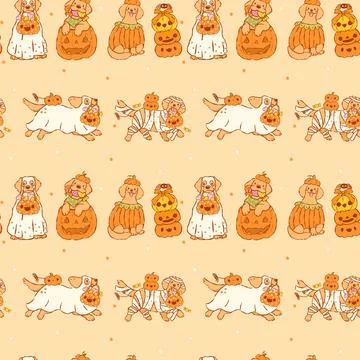 Cute Halloween Dog Seamless Pattern Pumpkin Golden Retriever Derpy Hand Dra.. Stock Illustration