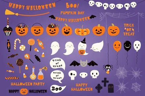Cute Halloween elements, characters, quotes isolated, big set. 스톡 일러스트