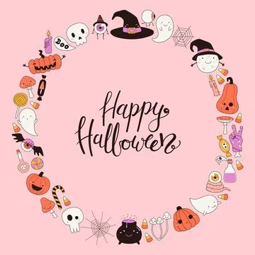 Cute Halloween elements illustration, round frame Stock Illustration