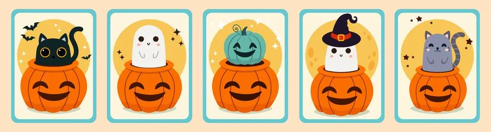 Cute Halloween elements. Set of postcards. Set of posters. Vector illustrat.. Stock Illustration