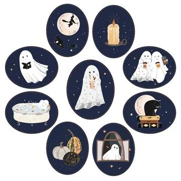 Cute Halloween fabric patches frames with fall elements and cute ghosts. Ve.. Stock Illustration