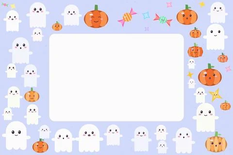 Cute halloween frame with ghosts and pumpkins on purple background with cop.. Ilustração Stock
