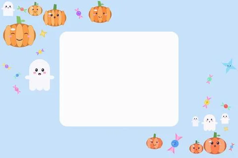 Cute halloween frame with ghosts pumpkins and colorful candies on light blu.. Stock Illustration