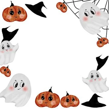 Cute halloween frame. Hand drawn watercolor happy halloween in square frame Stock Illustration