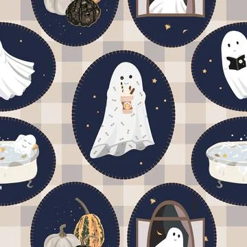 Cute Halloween frames seamless pattern on gingham with fall elements and cute Stock Illustration