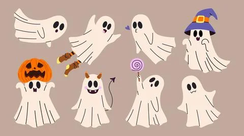 Cute Halloween ghost and apparition character collection. Ilustración de archivo