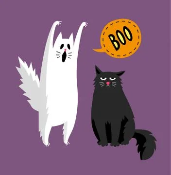 Cute halloween ghost and black cat Stock Illustration