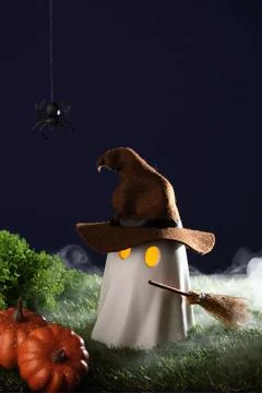 Cute Halloween ghost in brown witch hat with broomstick and glowing eyes on g Stock Photos