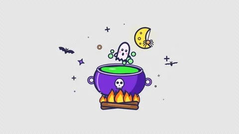 Cute Halloween Ghost Bubbling Potion Cauldron Moon Night Sky Animation Stockbeeldmateriaal 347471750