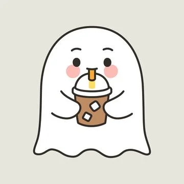 Cute Halloween Ghost Cartoon Vector Drinking Bubble Tea Stock Illustration