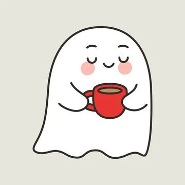 Cute Halloween Ghost Cartoon Vector Drinking Coffee Stock Illustration
