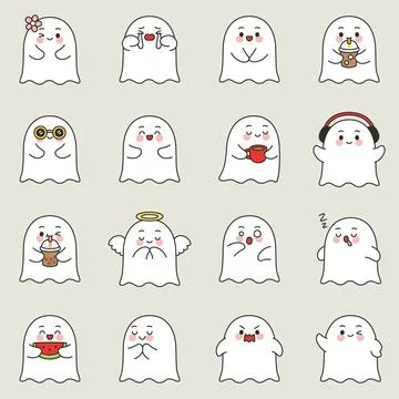 Cute Halloween Ghost Cartoon Vector Collection with Funny Expressions on Be.. Stock Illustration