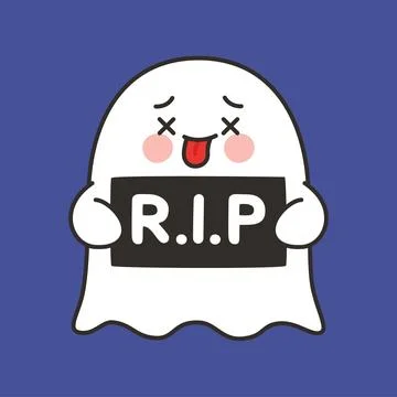 Cute Halloween Ghost Cartoon Vector Holding RIP Sign on Blue Background 스톡 일러스트