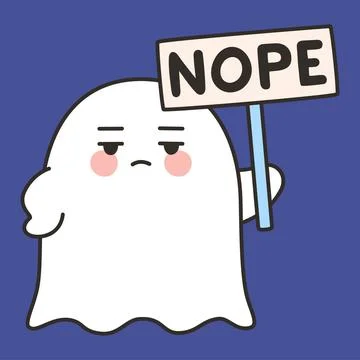 Cute Halloween Ghost Cartoon Vector Holding Nope Sign on Blue Background 스톡 일러스트
